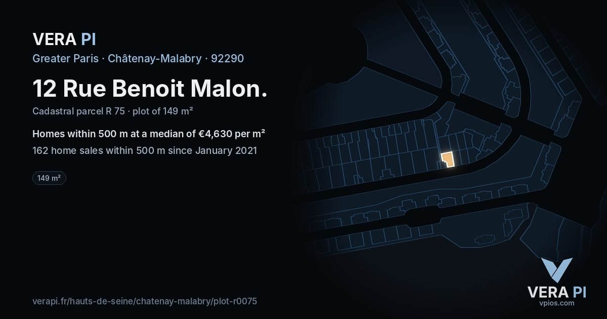 12 Rue Benoit Malon, Châtenay-Malabry at night – the plot lit, the parcels around coloured by the prices near them