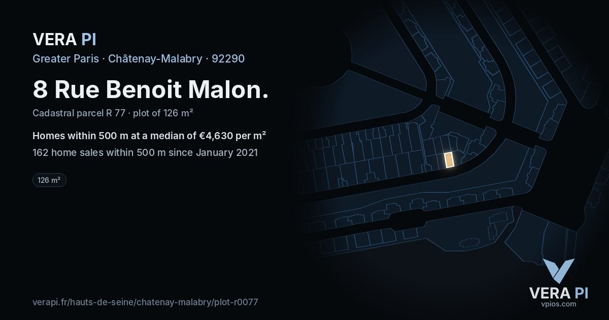 8 Rue Benoit Malon, Châtenay-Malabry at night – the plot lit, the parcels around coloured by the prices near them