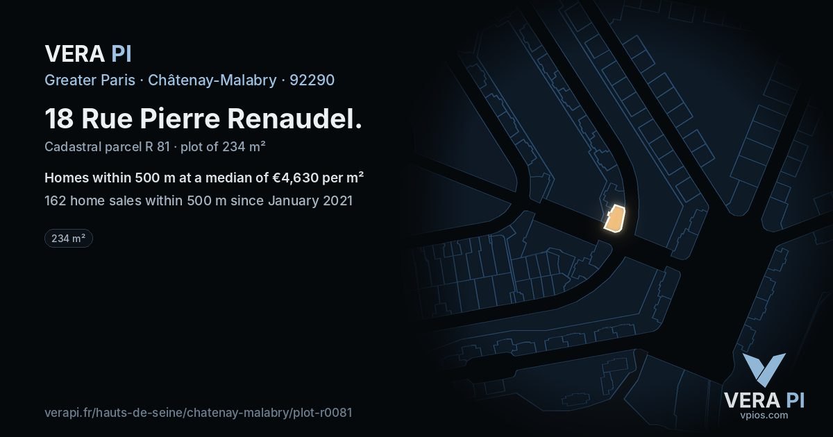 18 Rue Pierre Renaudel, Châtenay-Malabry at night – the plot lit, the parcels around coloured by the prices near them