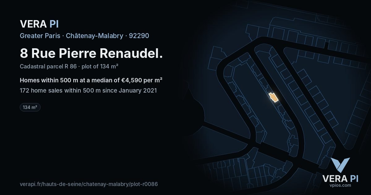 8 Rue Pierre Renaudel, Châtenay-Malabry at night – the plot lit, the parcels around coloured by the prices near them