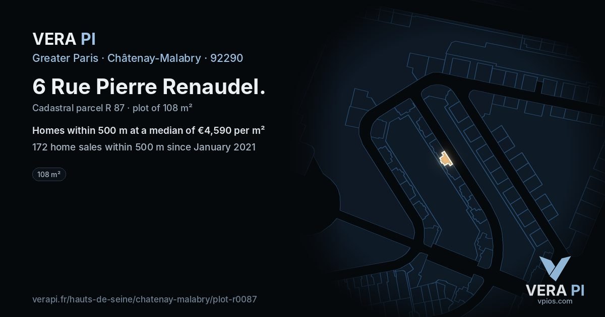 6 Rue Pierre Renaudel, Châtenay-Malabry at night – the plot lit, the parcels around coloured by the prices near them
