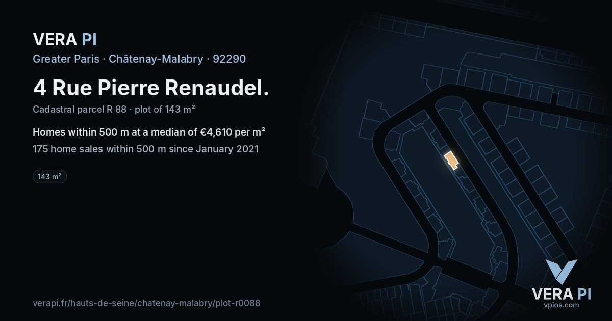 4 Rue Pierre Renaudel, Châtenay-Malabry at night – the plot lit, the parcels around coloured by the prices near them