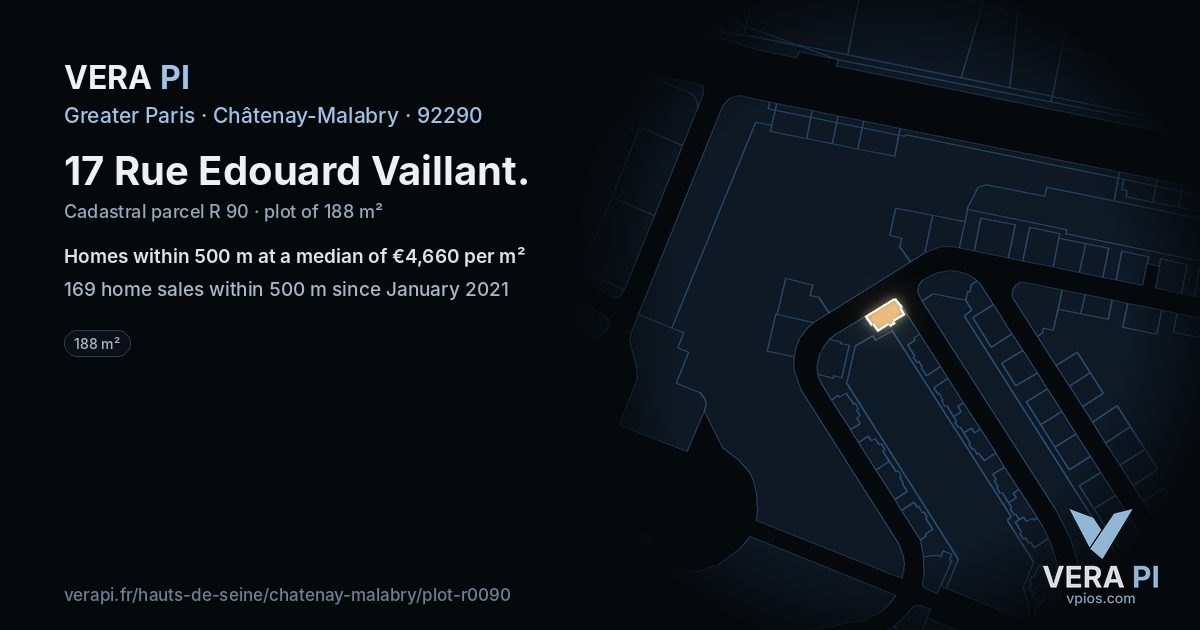 17 Rue Edouard Vaillant, Châtenay-Malabry at night – the plot lit, the parcels around coloured by the prices near them