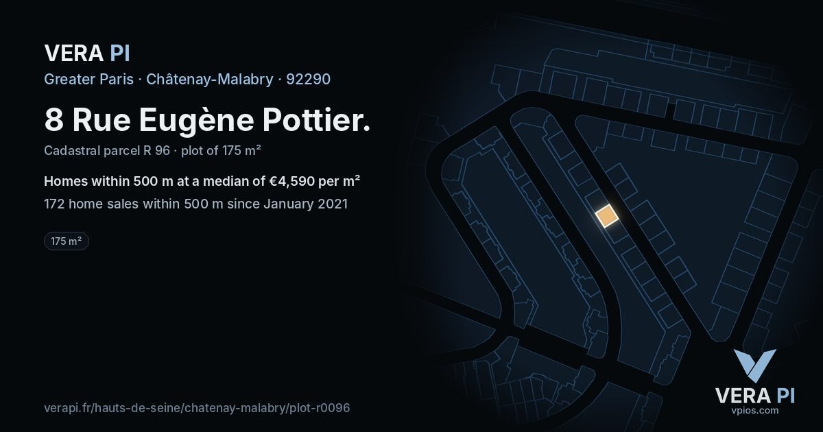 8 Rue Eugène Pottier, Châtenay-Malabry at night – the plot lit, the parcels around coloured by the prices near them