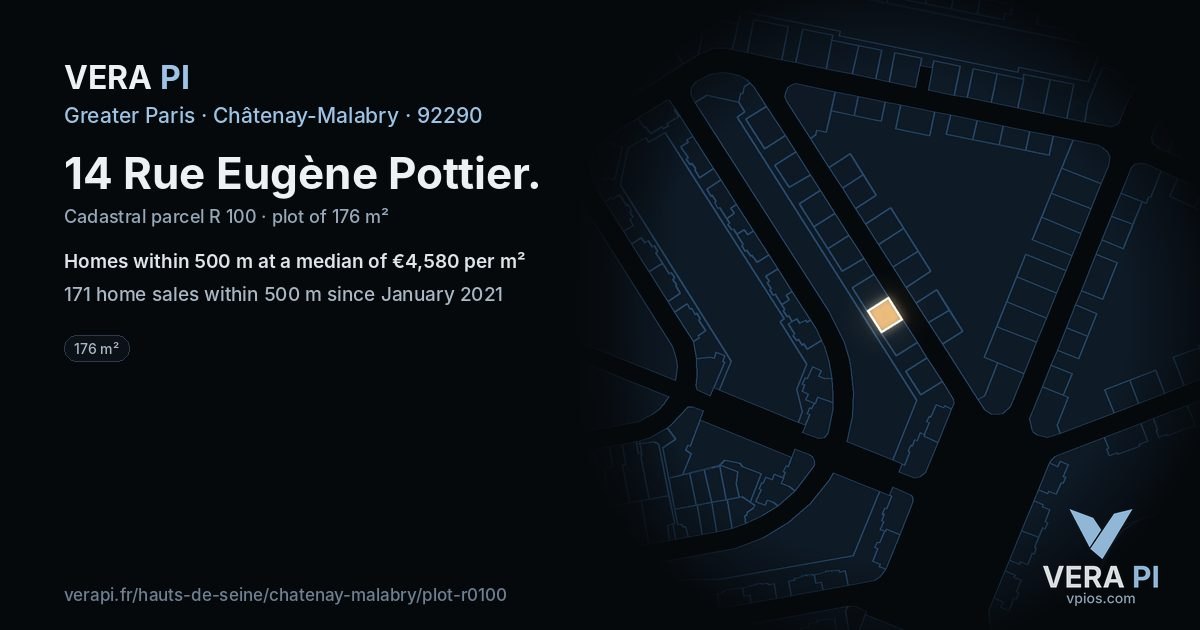 14 Rue Eugène Pottier, Châtenay-Malabry at night – the plot lit, the parcels around coloured by the prices near them