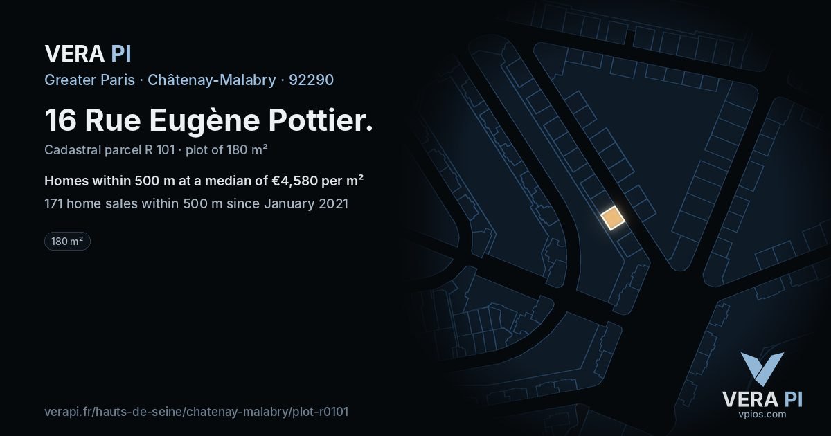 16 Rue Eugène Pottier, Châtenay-Malabry at night – the plot lit, the parcels around coloured by the prices near them