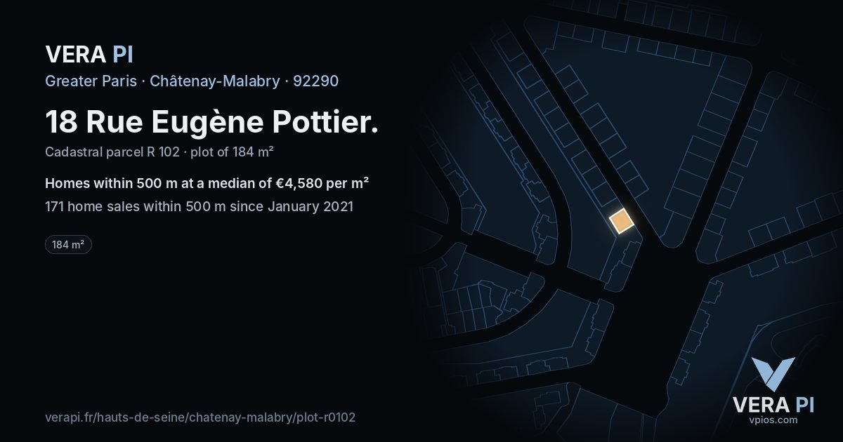 18 Rue Eugène Pottier, Châtenay-Malabry at night – the plot lit, the parcels around coloured by the prices near them