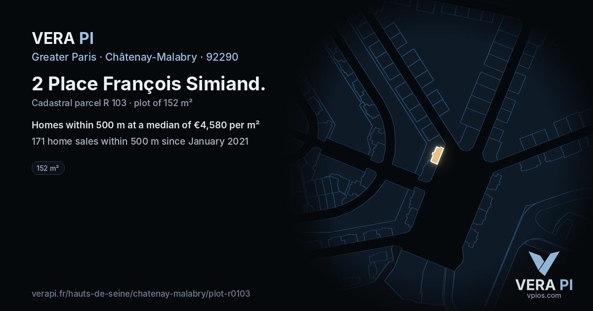 2 Place François Simiand, Châtenay-Malabry at night – the plot lit, the parcels around coloured by the prices near them