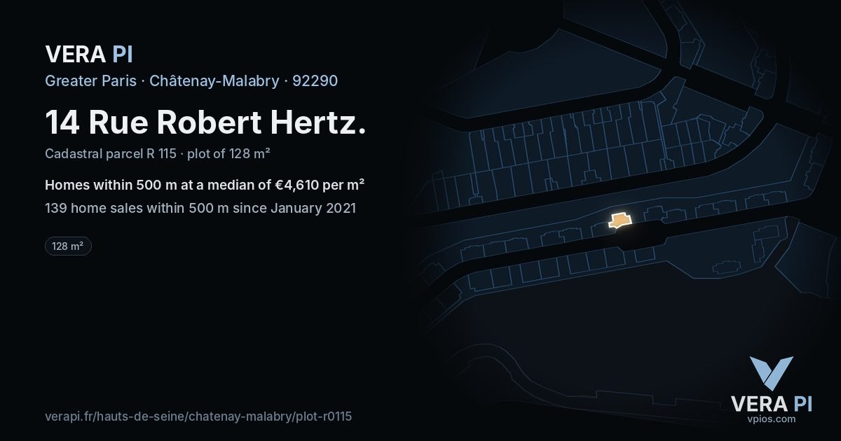 14 Rue Robert Hertz, Châtenay-Malabry at night – the plot lit, the parcels around coloured by the prices near them