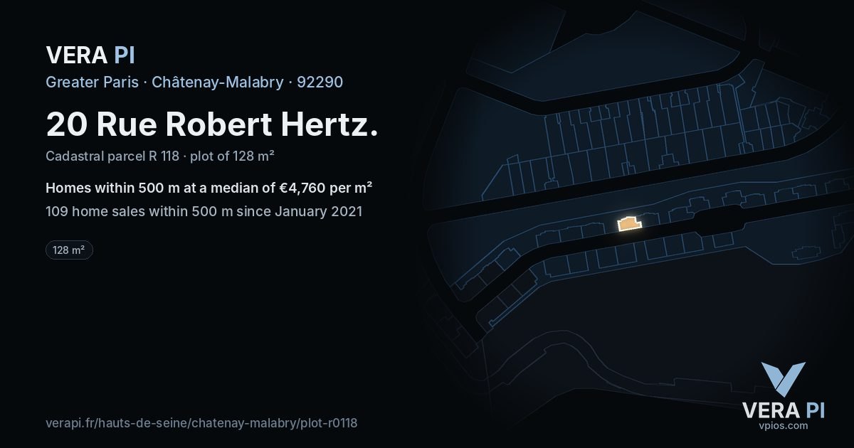 20 Rue Robert Hertz, Châtenay-Malabry at night – the plot lit, the parcels around coloured by the prices near them