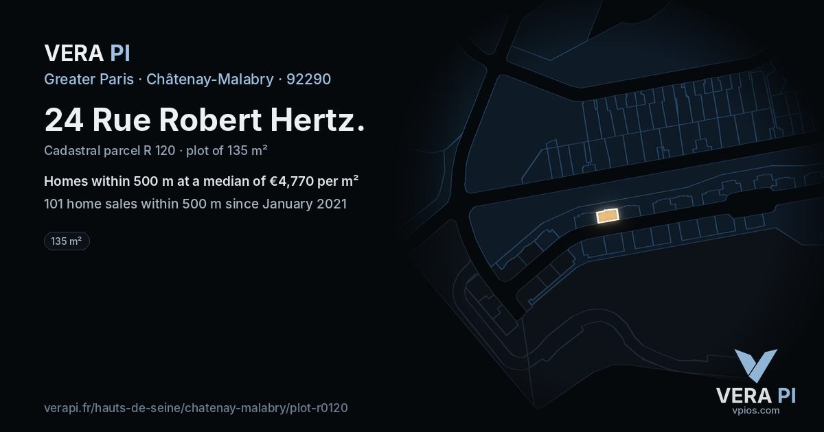 24 Rue Robert Hertz, Châtenay-Malabry at night – the plot lit, the parcels around coloured by the prices near them