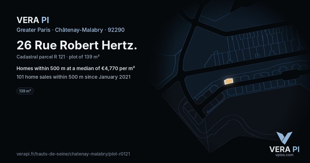 26 Rue Robert Hertz, Châtenay-Malabry at night – the plot lit, the parcels around coloured by the prices near them