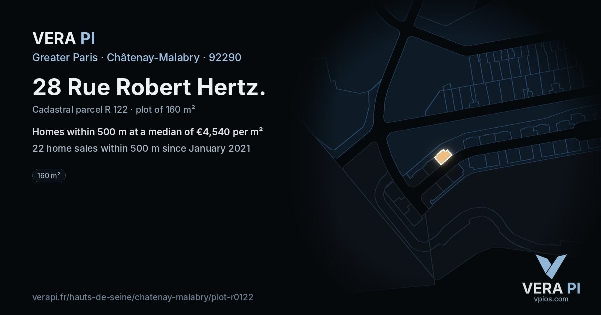 28 Rue Robert Hertz, Châtenay-Malabry at night – the plot lit, the parcels around coloured by the prices near them