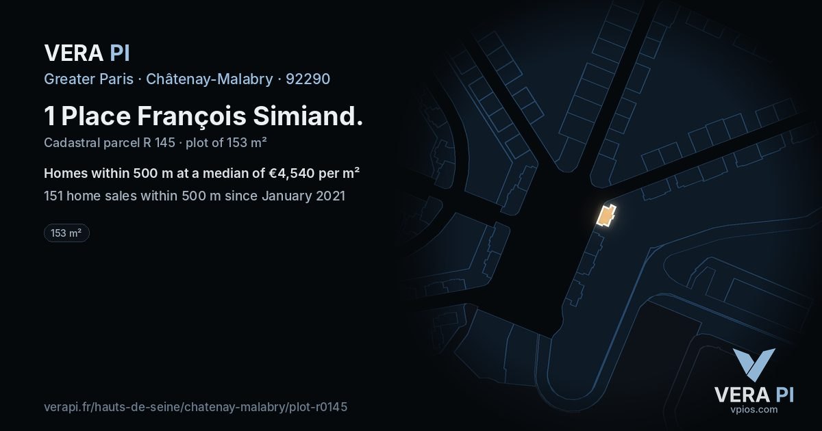 1 Place François Simiand, Châtenay-Malabry at night – the plot lit, the parcels around coloured by the prices near them
