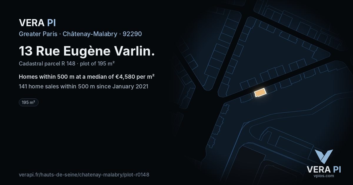 13 Rue Eugène Varlin, Châtenay-Malabry at night – the plot lit, the parcels around coloured by the prices near them