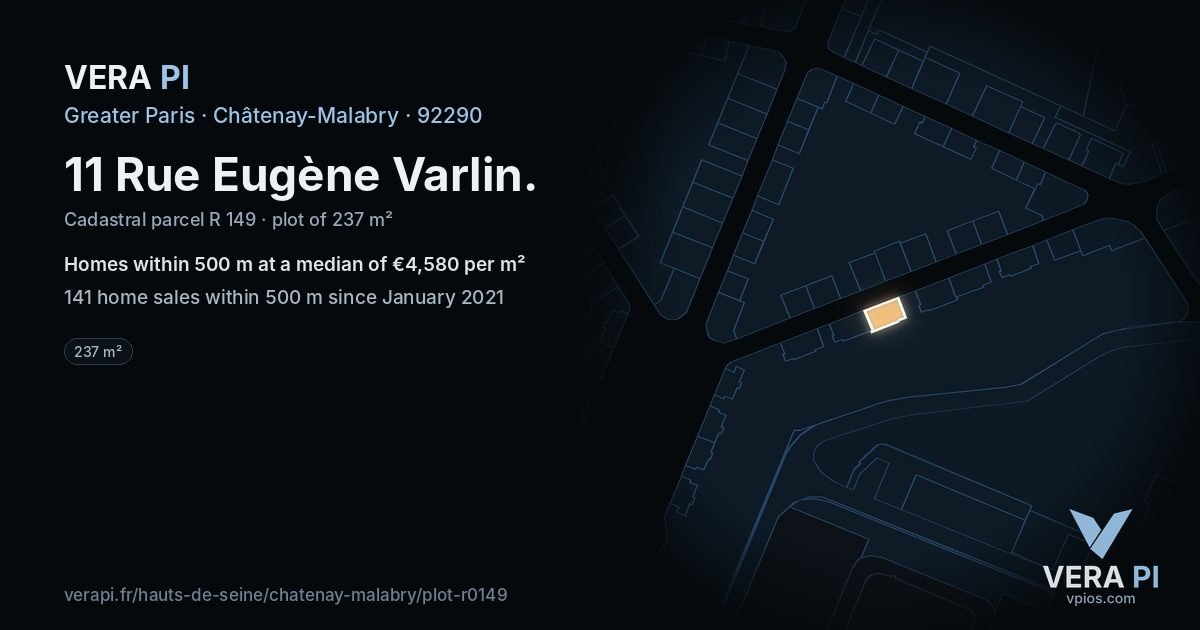11 Rue Eugène Varlin, Châtenay-Malabry at night – the plot lit, the parcels around coloured by the prices near them