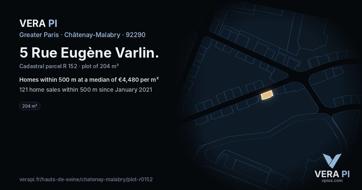 5 Rue Eugène Varlin, Châtenay-Malabry at night – the plot lit, the parcels around coloured by the prices near them