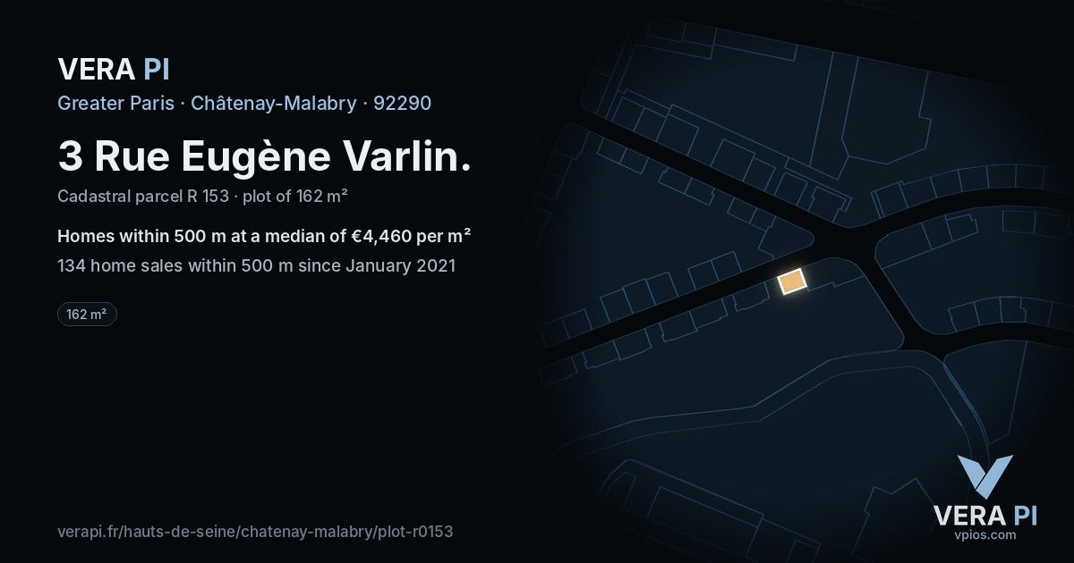 3 Rue Eugène Varlin, Châtenay-Malabry at night – the plot lit, the parcels around coloured by the prices near them