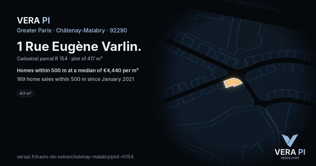1 Rue Eugène Varlin, Châtenay-Malabry at night – the plot lit, the parcels around coloured by the prices near them