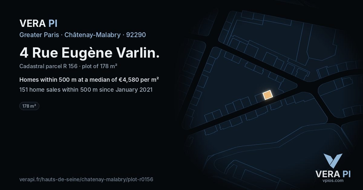 4 Rue Eugène Varlin, Châtenay-Malabry at night – the plot lit, the parcels around coloured by the prices near them
