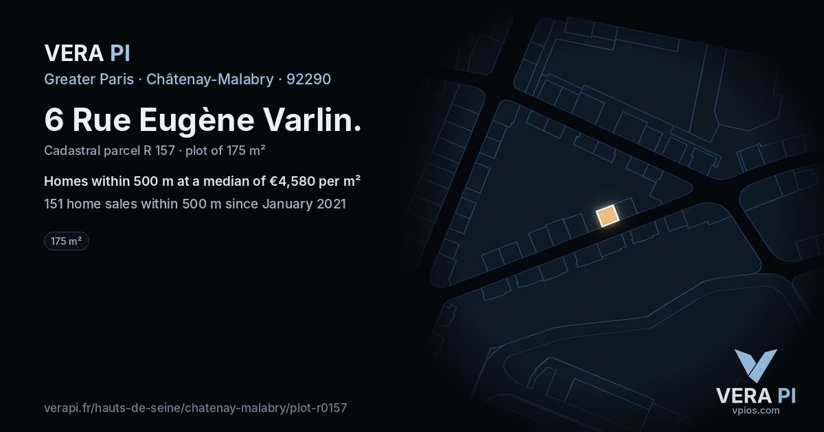 6 Rue Eugène Varlin, Châtenay-Malabry at night – the plot lit, the parcels around coloured by the prices near them