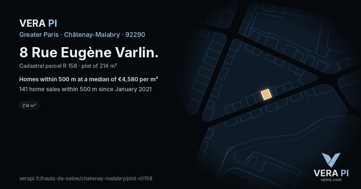 8 Rue Eugène Varlin, Châtenay-Malabry at night – the plot lit, the parcels around coloured by the prices near them