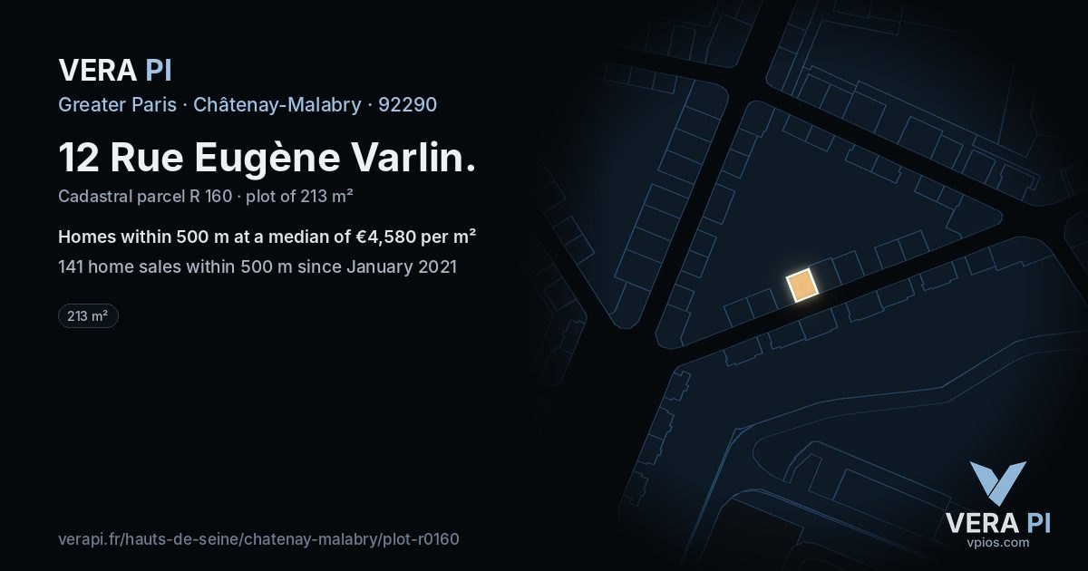 12 Rue Eugène Varlin, Châtenay-Malabry at night – the plot lit, the parcels around coloured by the prices near them