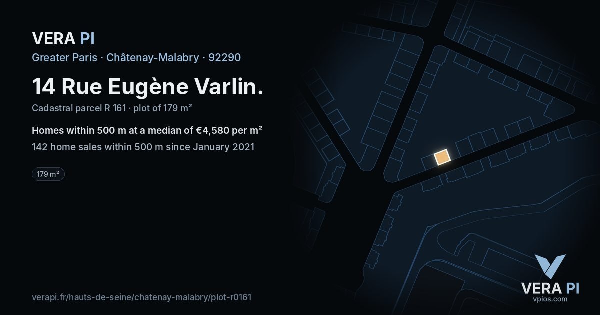 14 Rue Eugène Varlin, Châtenay-Malabry at night – the plot lit, the parcels around coloured by the prices near them
