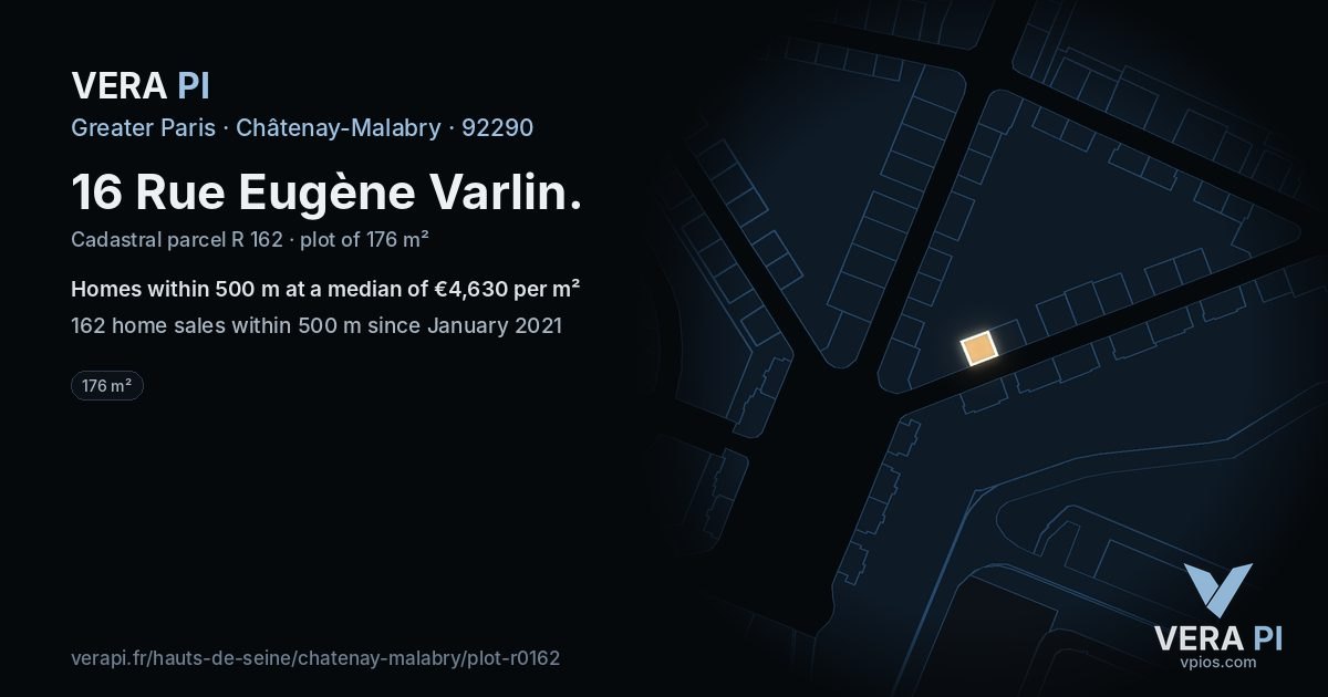 16 Rue Eugène Varlin, Châtenay-Malabry at night – the plot lit, the parcels around coloured by the prices near them