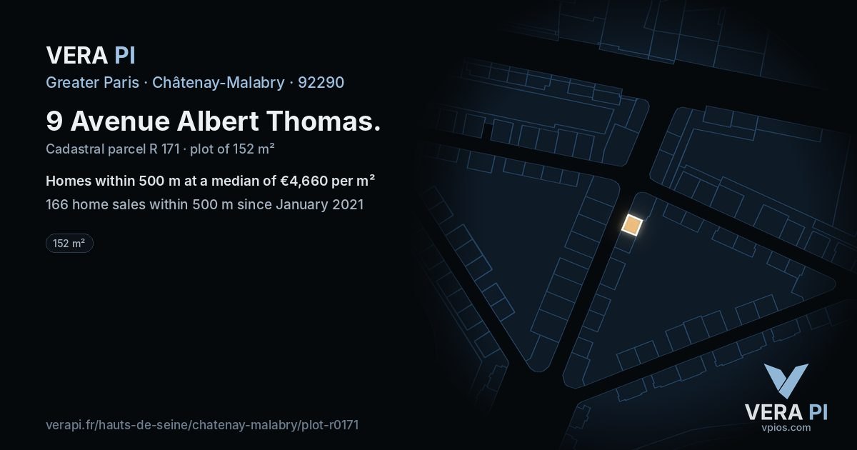 9 Avenue Albert Thomas, Châtenay-Malabry at night – the plot lit, the parcels around coloured by the prices near them