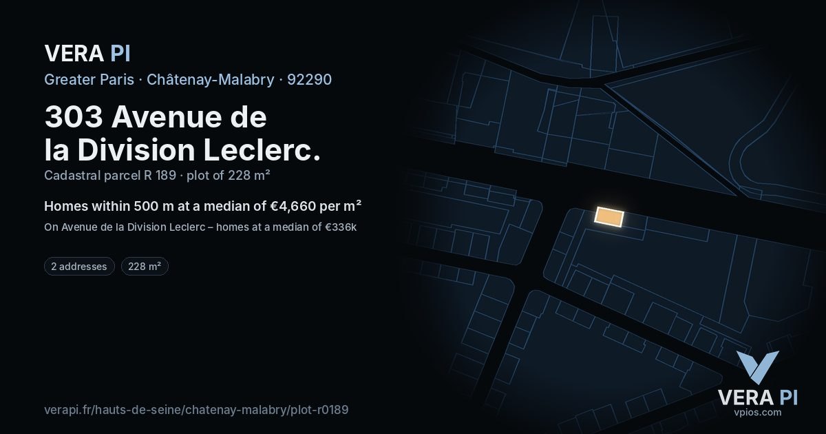 303 Avenue de la Division Leclerc, Châtenay-Malabry at night – the plot lit, the parcels around coloured by the prices near them