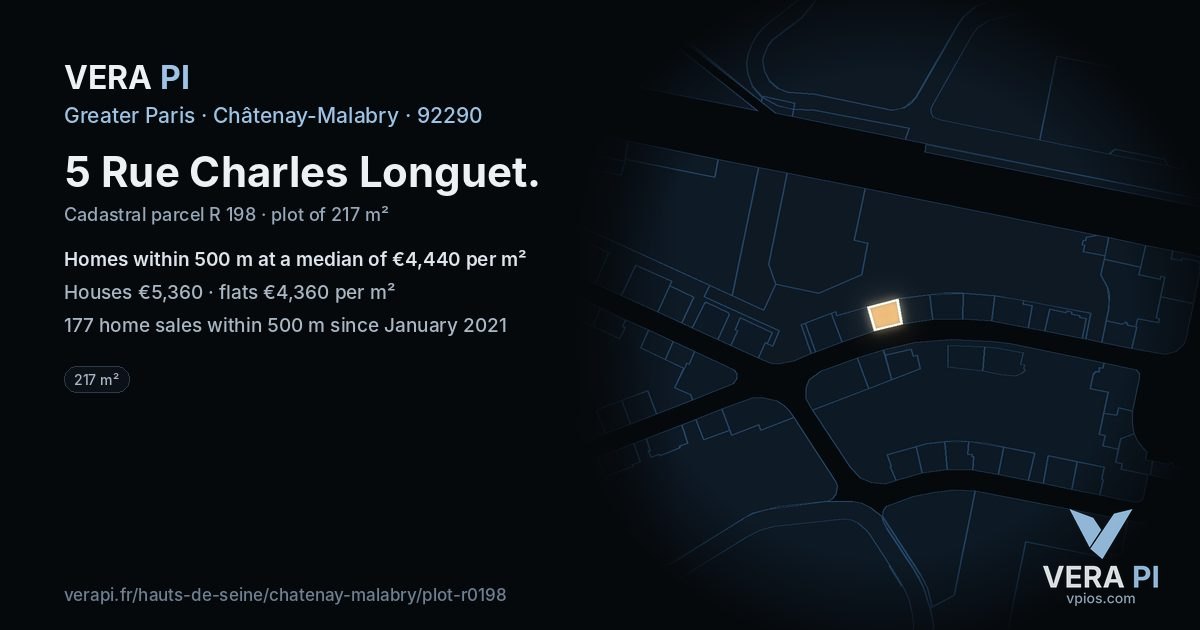 5 Rue Charles Longuet, Châtenay-Malabry at night – the plot lit, the parcels around coloured by the prices near them