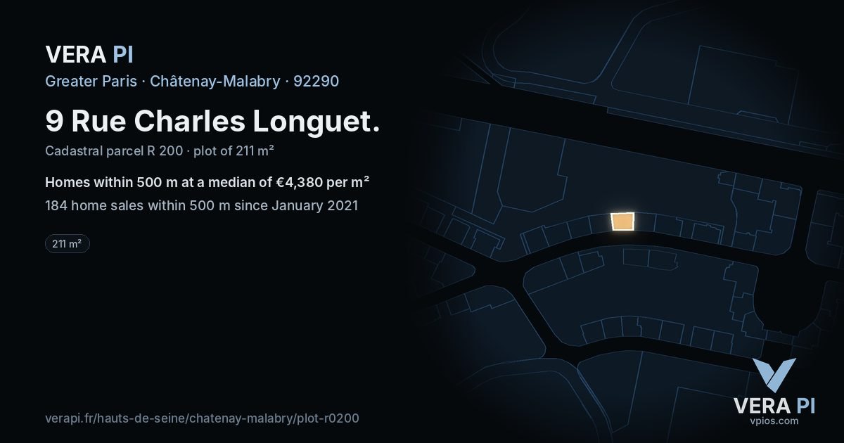 9 Rue Charles Longuet, Châtenay-Malabry at night – the plot lit, the parcels around coloured by the prices near them