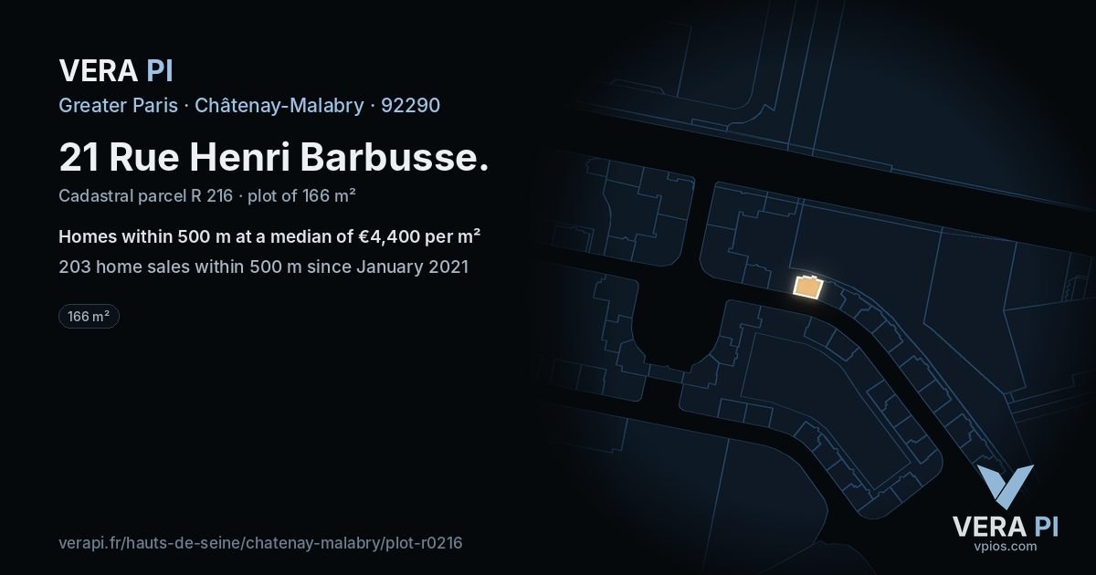 21 Rue Henri Barbusse, Châtenay-Malabry at night – the plot lit, the parcels around coloured by the prices near them