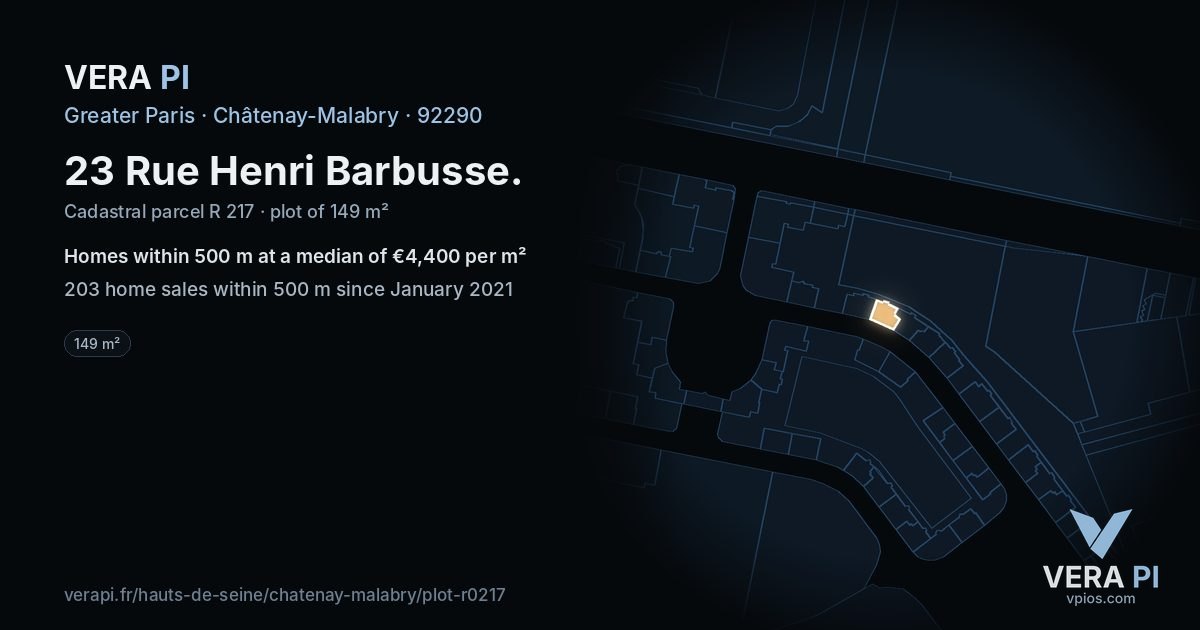 23 Rue Henri Barbusse, Châtenay-Malabry at night – the plot lit, the parcels around coloured by the prices near them
