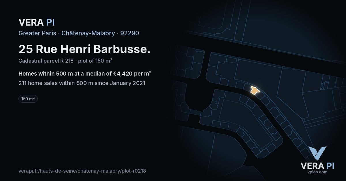25 Rue Henri Barbusse, Châtenay-Malabry at night – the plot lit, the parcels around coloured by the prices near them