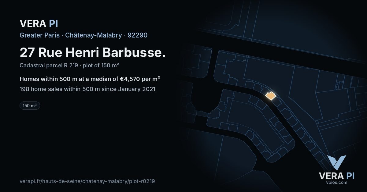 27 Rue Henri Barbusse, Châtenay-Malabry at night – the plot lit, the parcels around coloured by the prices near them
