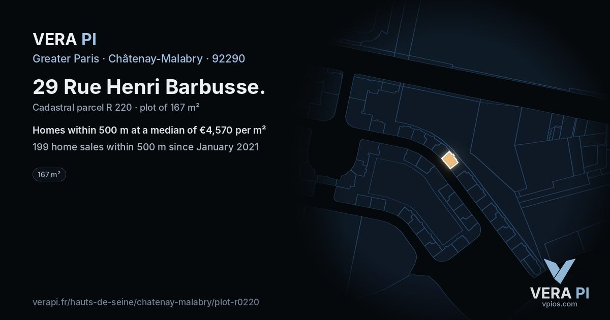 29 Rue Henri Barbusse, Châtenay-Malabry at night – the plot lit, the parcels around coloured by the prices near them