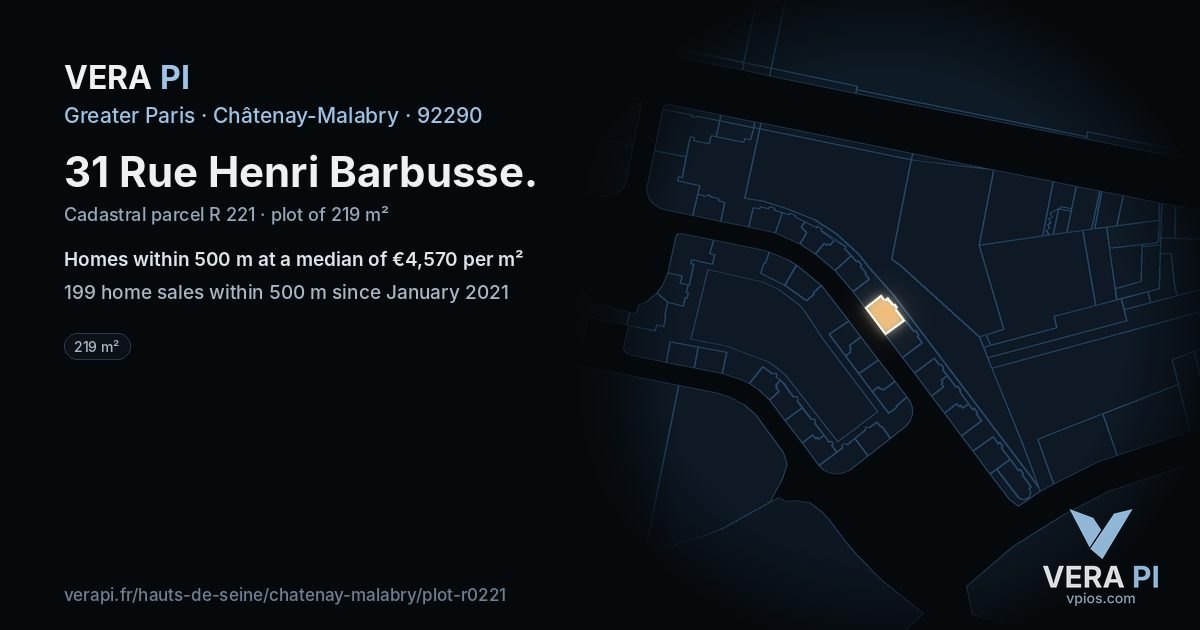 31 Rue Henri Barbusse, Châtenay-Malabry at night – the plot lit, the parcels around coloured by the prices near them