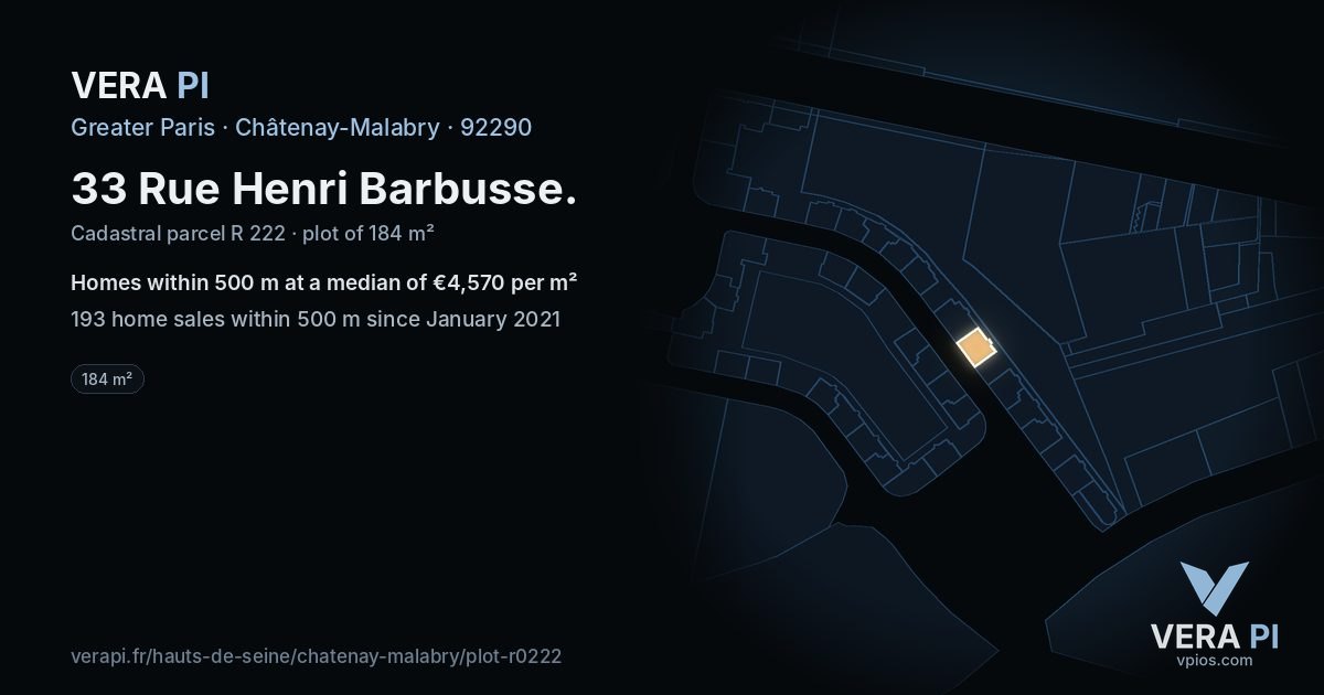 33 Rue Henri Barbusse, Châtenay-Malabry at night – the plot lit, the parcels around coloured by the prices near them