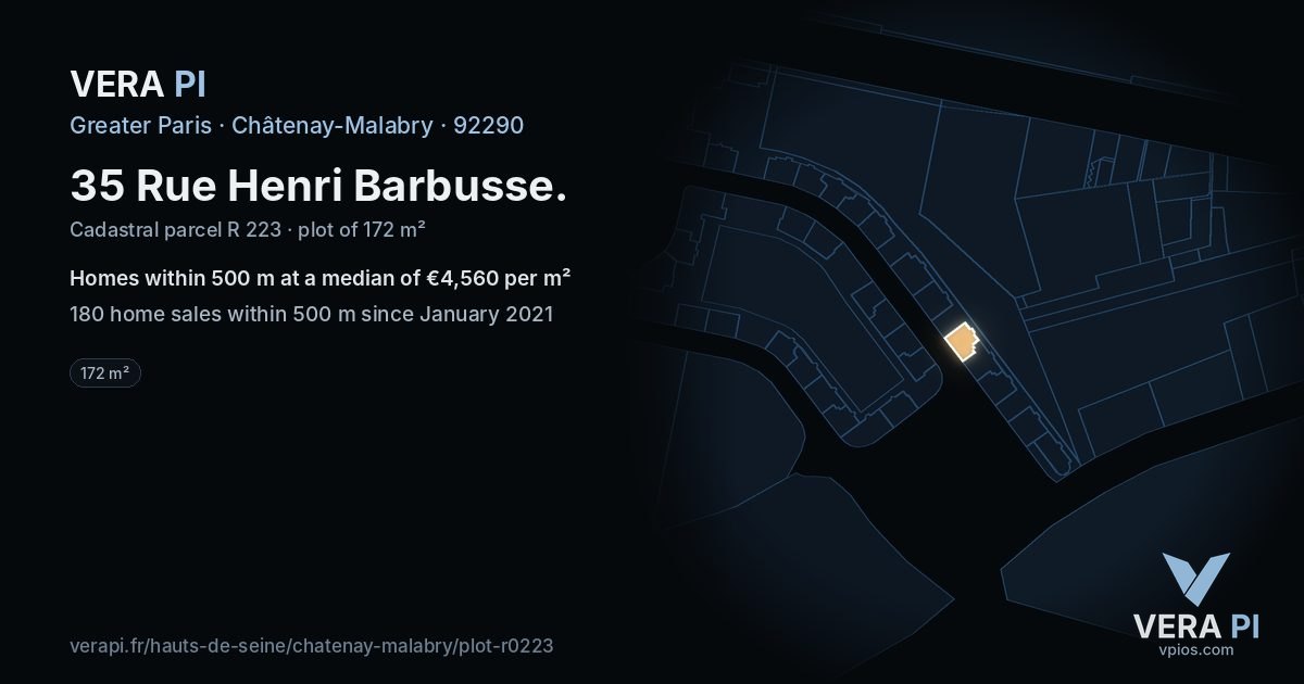 35 Rue Henri Barbusse, Châtenay-Malabry at night – the plot lit, the parcels around coloured by the prices near them