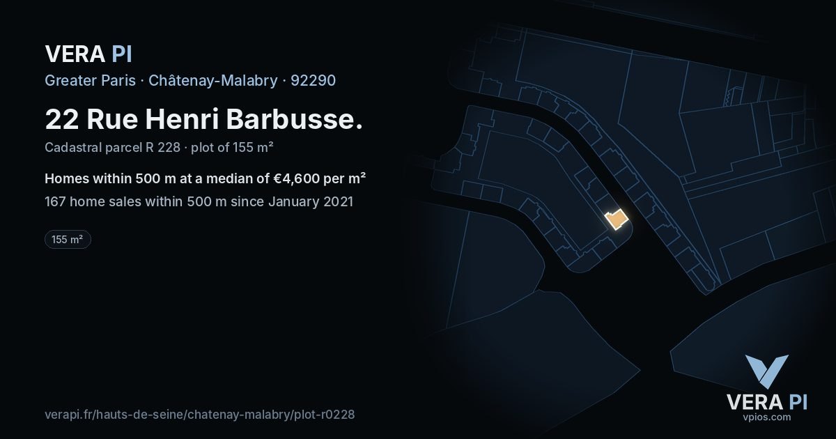 22 Rue Henri Barbusse, Châtenay-Malabry at night – the plot lit, the parcels around coloured by the prices near them