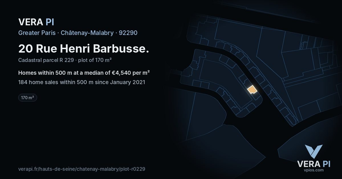20 Rue Henri Barbusse, Châtenay-Malabry at night – the plot lit, the parcels around coloured by the prices near them