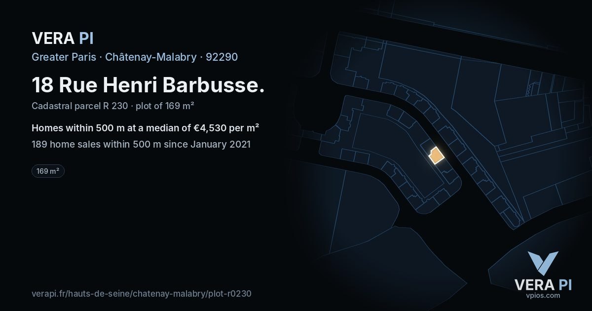 18 Rue Henri Barbusse, Châtenay-Malabry at night – the plot lit, the parcels around coloured by the prices near them