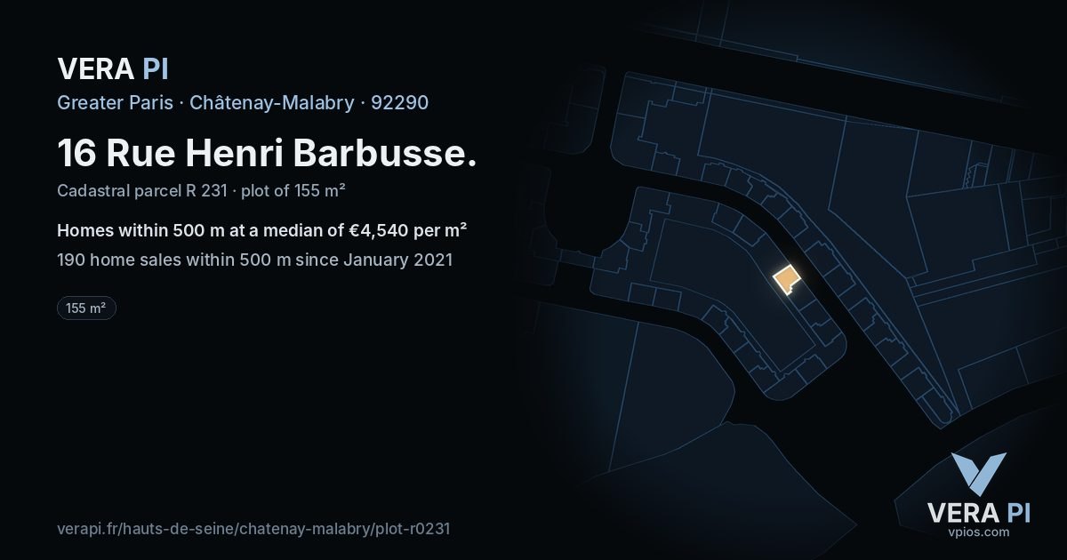 16 Rue Henri Barbusse, Châtenay-Malabry at night – the plot lit, the parcels around coloured by the prices near them