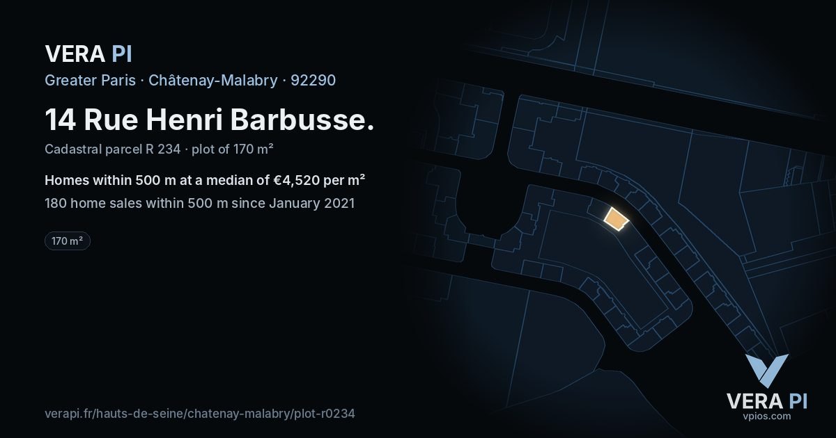 14 Rue Henri Barbusse, Châtenay-Malabry at night – the plot lit, the parcels around coloured by the prices near them