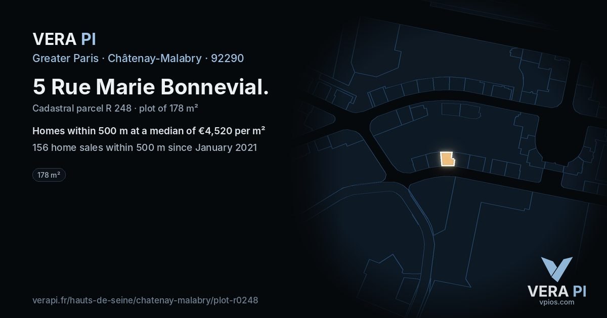 5 Rue Marie Bonnevial, Châtenay-Malabry at night – the plot lit, the parcels around coloured by the prices near them