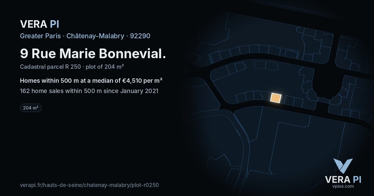9 Rue Marie Bonnevial, Châtenay-Malabry at night – the plot lit, the parcels around coloured by the prices near them