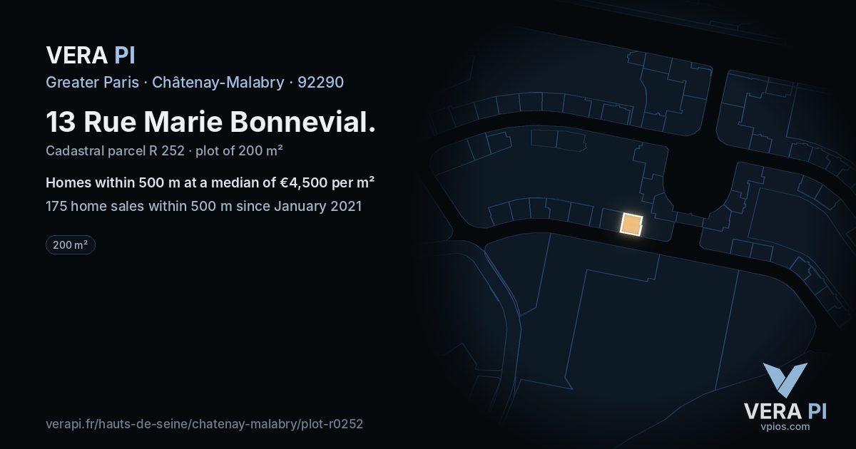 13 Rue Marie Bonnevial, Châtenay-Malabry at night – the plot lit, the parcels around coloured by the prices near them