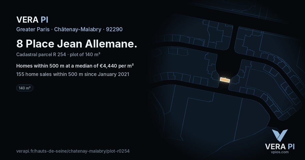 8 Place Jean Allemane, Châtenay-Malabry at night – the plot lit, the parcels around coloured by the prices near them